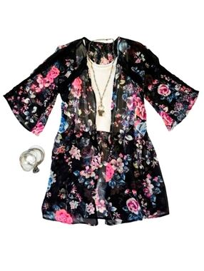 Express Women's Floral Sheer Kimono Black Lace Size Small Hot Pink Blue Bohemian